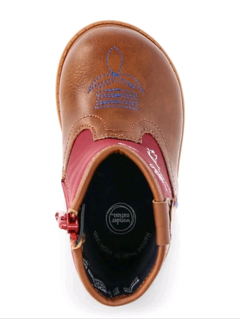 Children's Brown and Red Cowboy Boots with Blue Accent Size 4